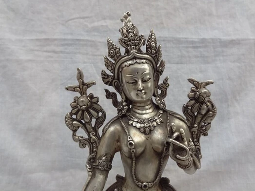 Free Shipping 002025 10&quot Tibet Silver Buddhist Style Bronze Lotus Green Tara Buddha Statue Sculpture | Дом и сад