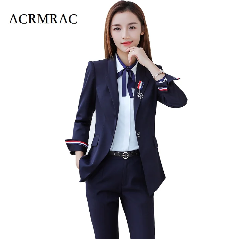 

ACRMRAC Women's suits New style Solid color blue Slim jacket Pencil pants Business OL Formal Pants Suits