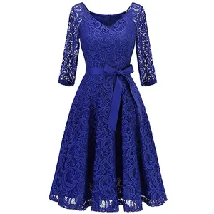 Элегантное Королевское синее кружевное короткое вечернее платье с V-образным вырезом, рукавом до локтя, а-силуэт, вечернее платье с поясом