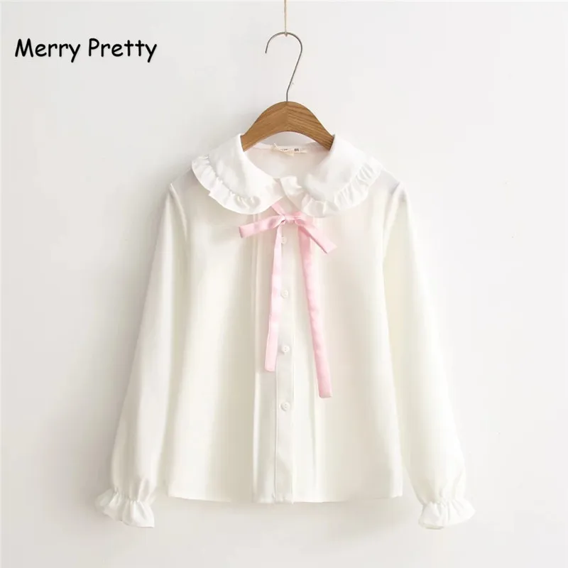 Merry Pretty, женские блузки для девочек, Осенние, с длинным рукавом, воротник Питер Пэн, розовый бант, белая шифоновая блузка, рубашка, школьная форма, Топ