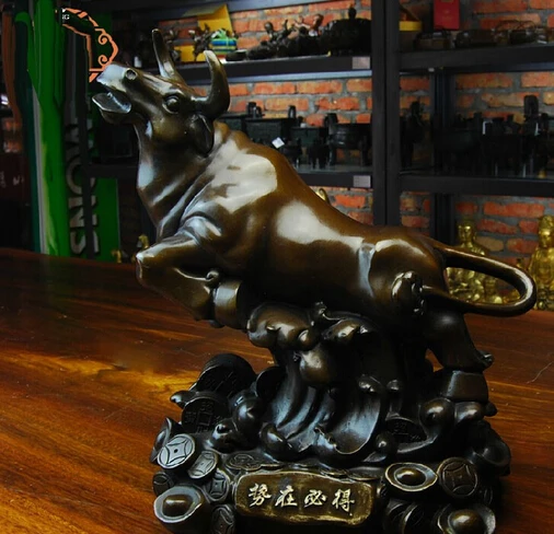 Китайская красная Медная скульптура настенная уличная статуя богатства Yuanbao бык