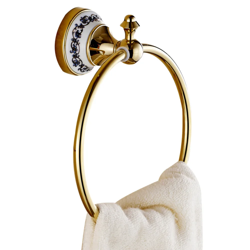 

Leyden Golden Finish Brass And Creamic Modern Bathroom Round Towel Ring Bathroom Accessories Antirust Towel Clothes Holder