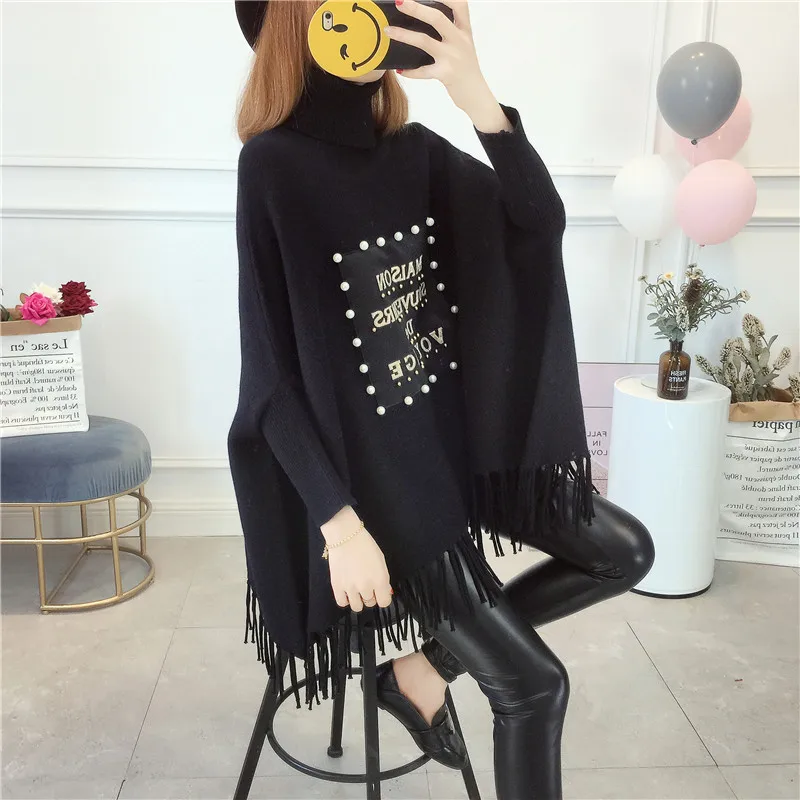 

2022 Women Pullover Fashion Beaded Patch Sweater Autumn Winter Warm Wrap Swing Turtleneck Women Sweater Long Sleeve