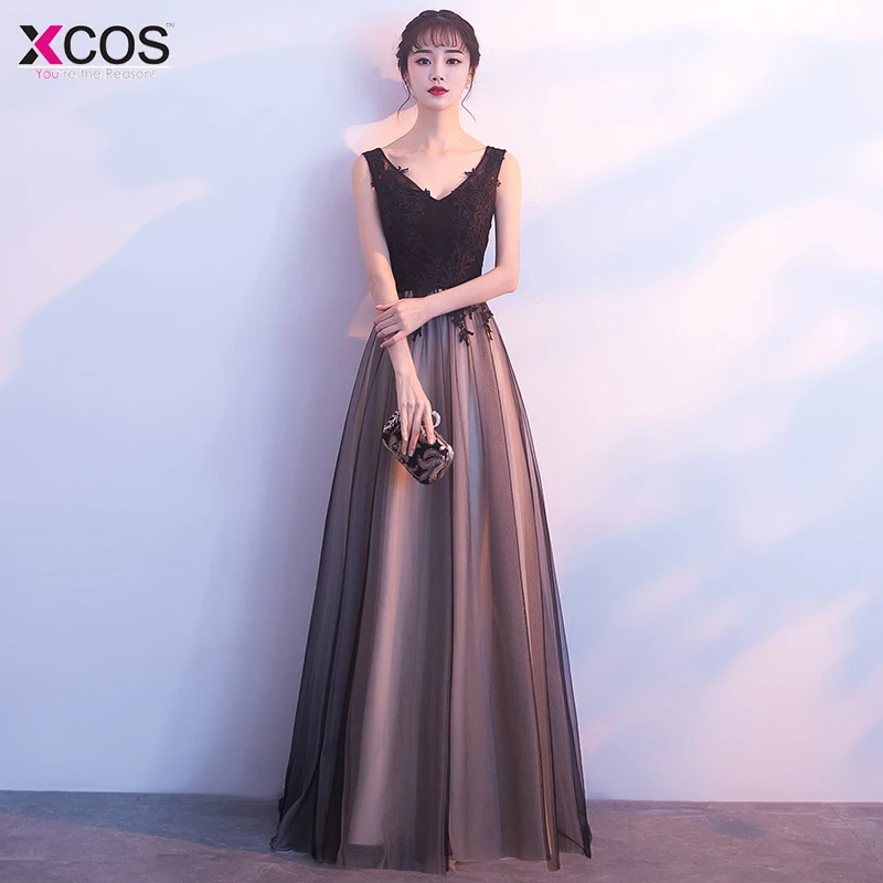 Элегантный черный длинное вечернее платье 2018 аппликации для банкета вечеринки