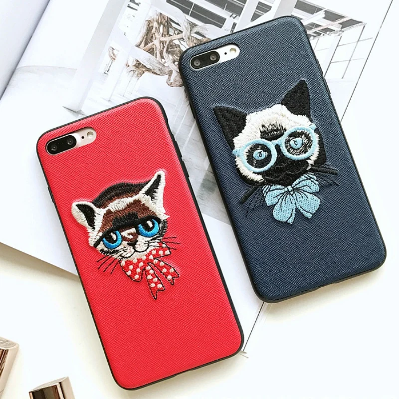 free shipping New 3D Embroidery Cute Cat Animal Pattern Case for iPhone 7 Plus TPU+PC Back Cover |