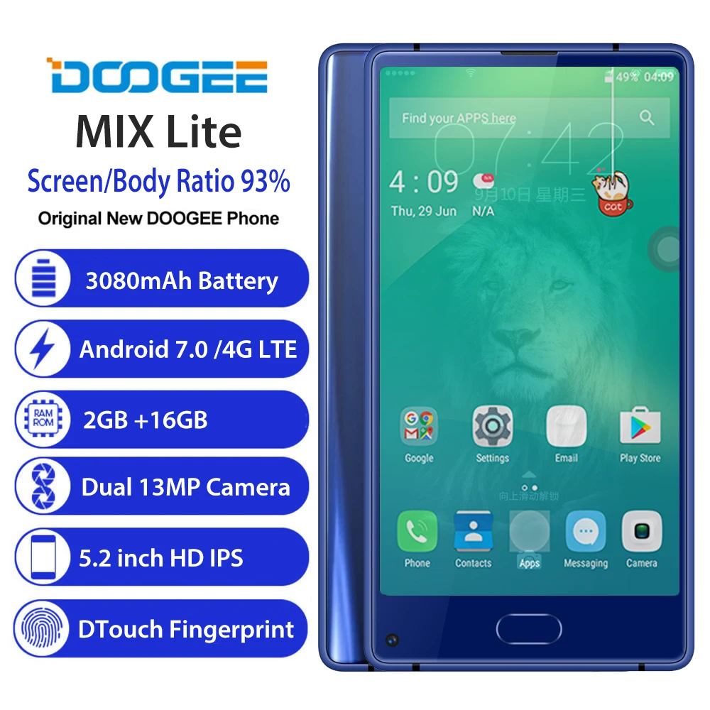 Оригинал DOOGEE смешивания Lite смартфон 5 2 'ɿull экран + 16 ГБ отпечатков пальцев