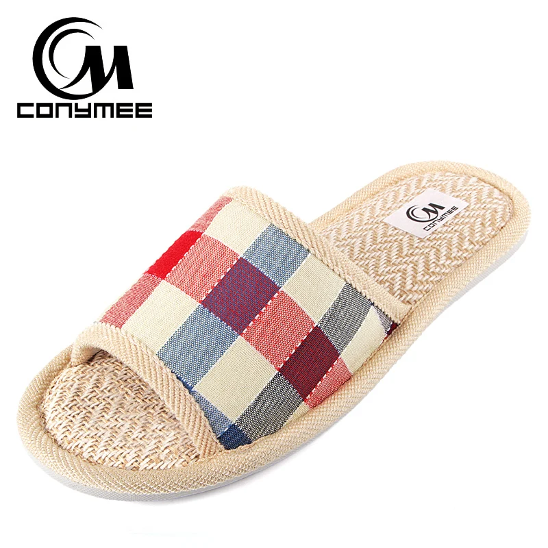 Женские льняные сандалии CONYMEE летние клетчатые шлепанцы для пляжа повседневная