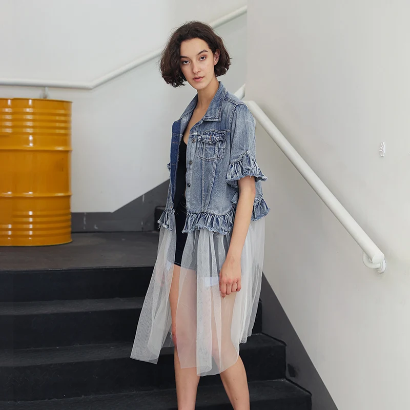 TWOTWINSTYLE Denim Coat Female Mesh Patchwork Ruffles Half Sleeve Jackets For Women Ripped Autumn Fashion Clothing Casual