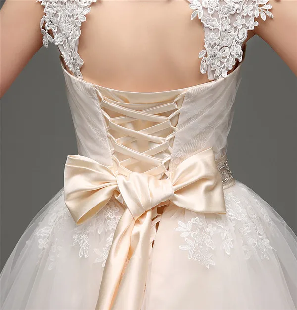 

Light Champagne Color Ball Gowns Backless Lace Up Wedding Dresses Tulle Appliques Vestidos Gowns Fast Delivery 100% Real Photos