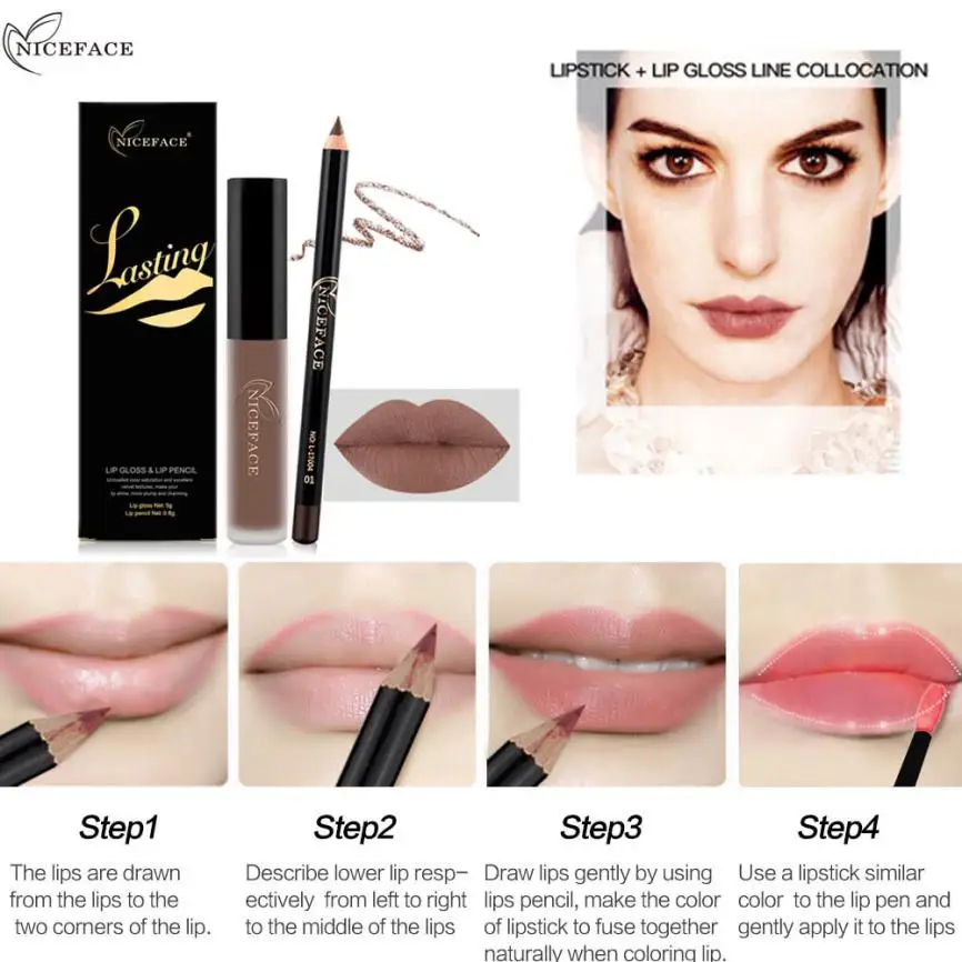 2017 Косметическая ручка карандаш + матовый блеск для губ Модный макияж