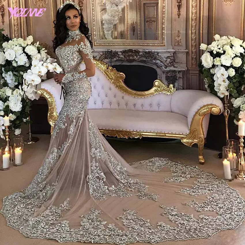 YQLNNE 2018 Luxury Gray Lace Mermaid Wedding Dress Bridal Gown High Neck Sweep Train Vestido De Noiva | Свадьбы и торжества