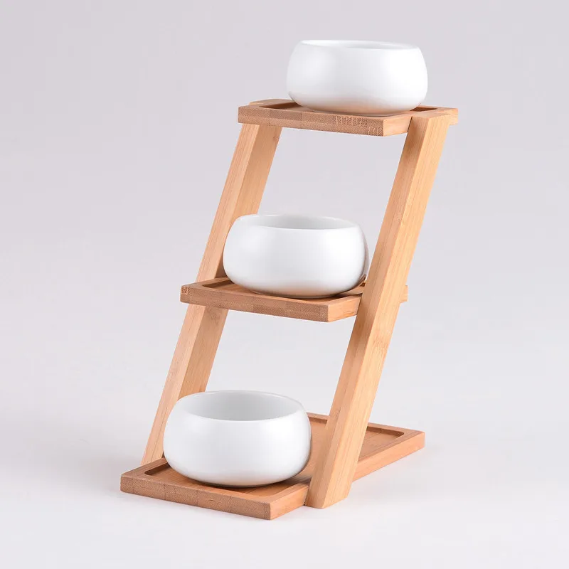 Modern Minimalist White Ceramic Flowerpot Succulent 3 Bonsai Planters Pot with 3-Tier Bamboo Shelf Home Garden Decor | Дом и сад