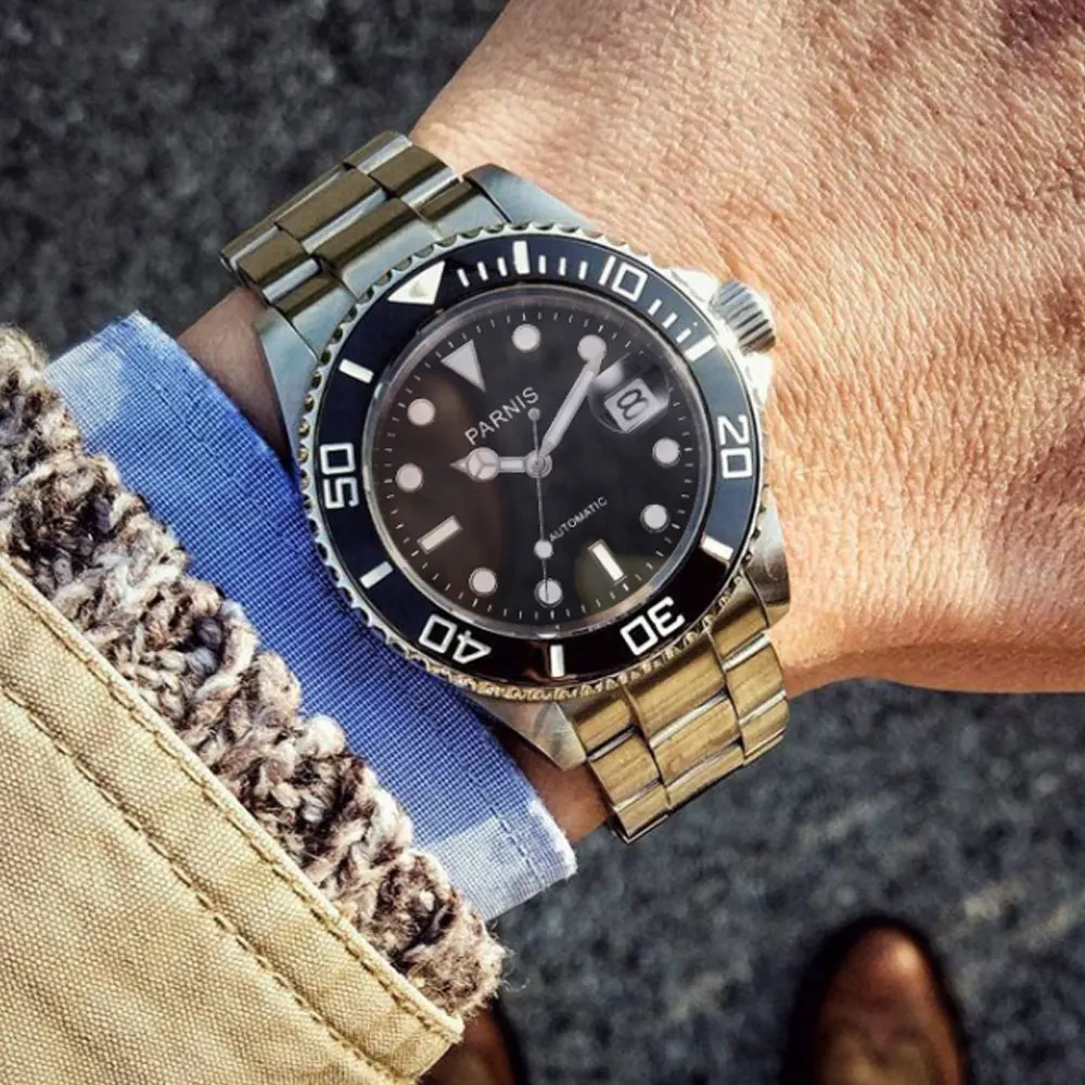 40 мм Parnis черный циферблат люксовый бренд механические часы Стальные светящиеся