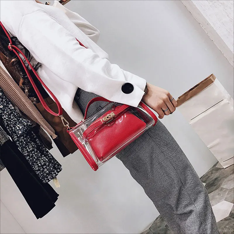 Hot Simple Fashion Women Messenger Bags Leather Lock Catch Transparent Handbag Ladies Sweet Girls Shoulder Bag BVN66 | Багаж и сумки
