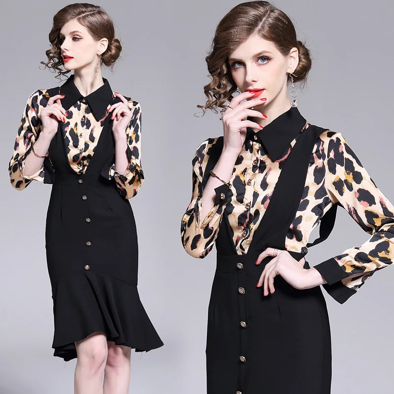 M-XXL spring summer woman dress black collar shoulder strap leopard pattern top sexy office ruffled bottom | Женская одежда