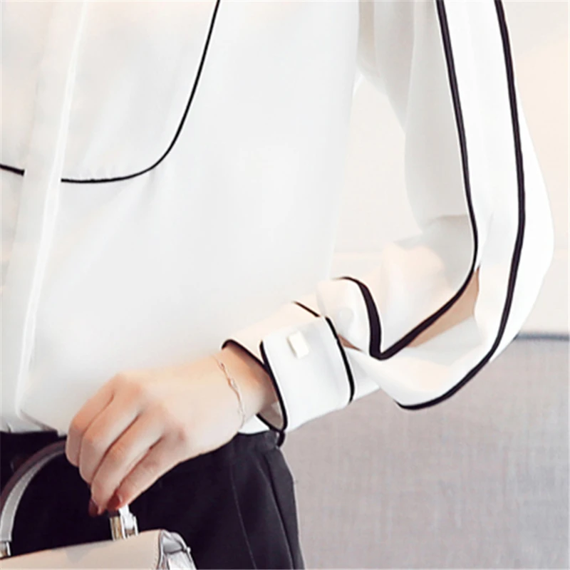 

Autumn 2020 New Women White Elegant Stand Collar Clothing Female Long-Sleeved Chiffon Striped Blouse Shirt Workwear Tops O138