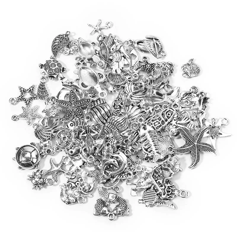 50pcs Mixed Charms 50 шт./лот, смешанные амулеты, античное серебро, цвет океана, животное, шарм, подходит для браслета, ожерелья для самостоятельного изготовления ювелирных изделий, аксессуары - Окраска металла: 50pcs Mixed Charms