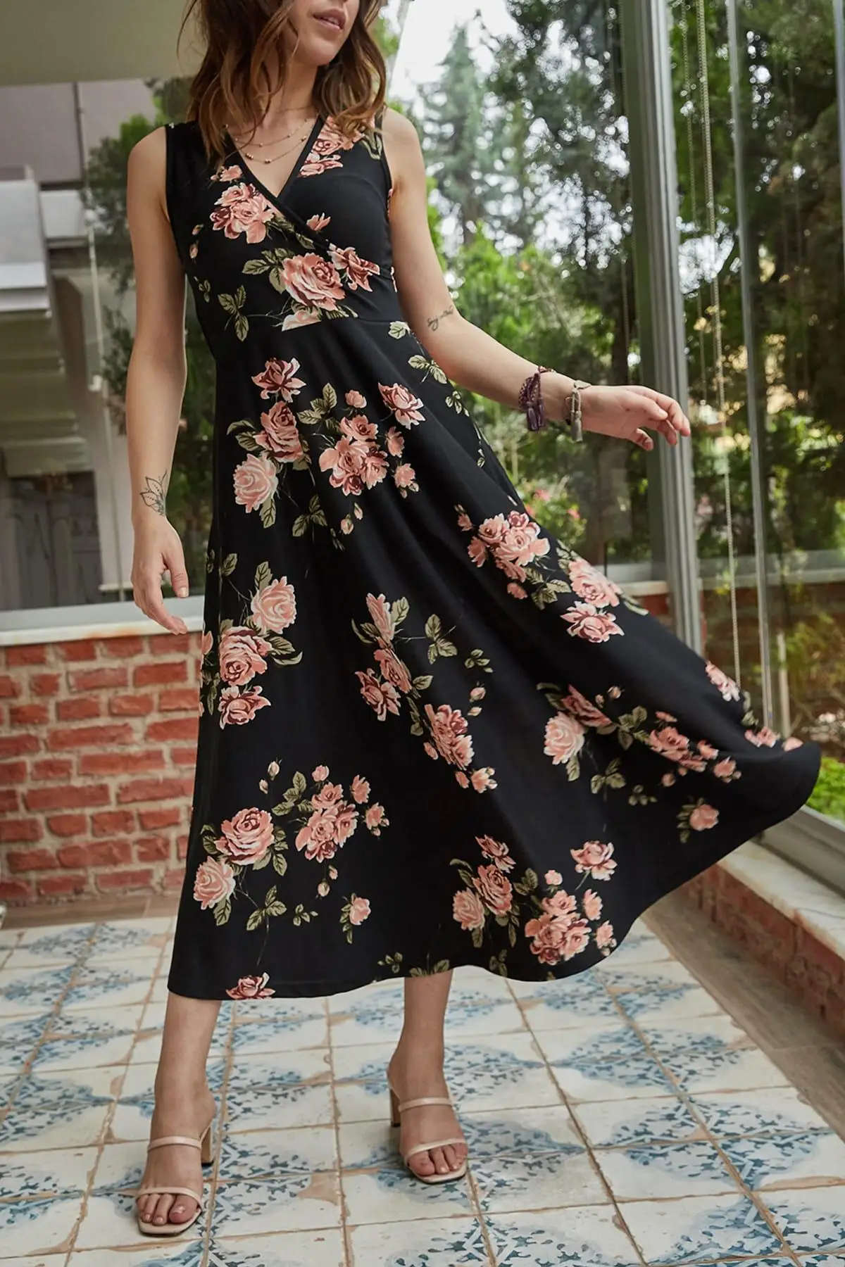 Xhan женское черное двубортное платье с цветочным принтом 9YXK6-41381-02 | Женская одежда