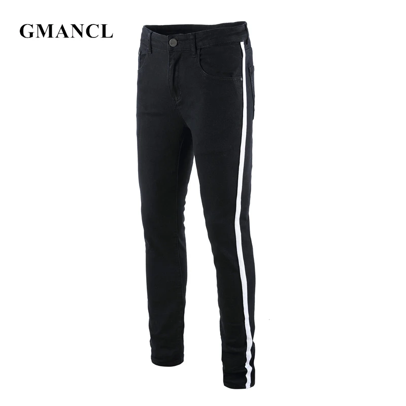

New Streetwear Men Side Striped Ripped Black Skinny Jeans hip hop male Stretch Knee Hole Casual Cotton Pencil Denim trousers