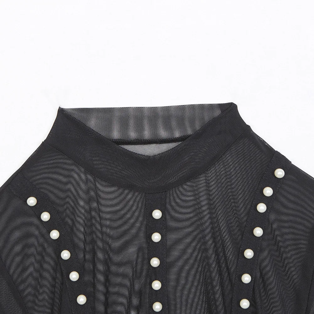 

Sexy Lace Mesh Pearl Beading Bodysuit See Through Body Top Women Party Jumpsuit Shorts Bodysuit Leotard