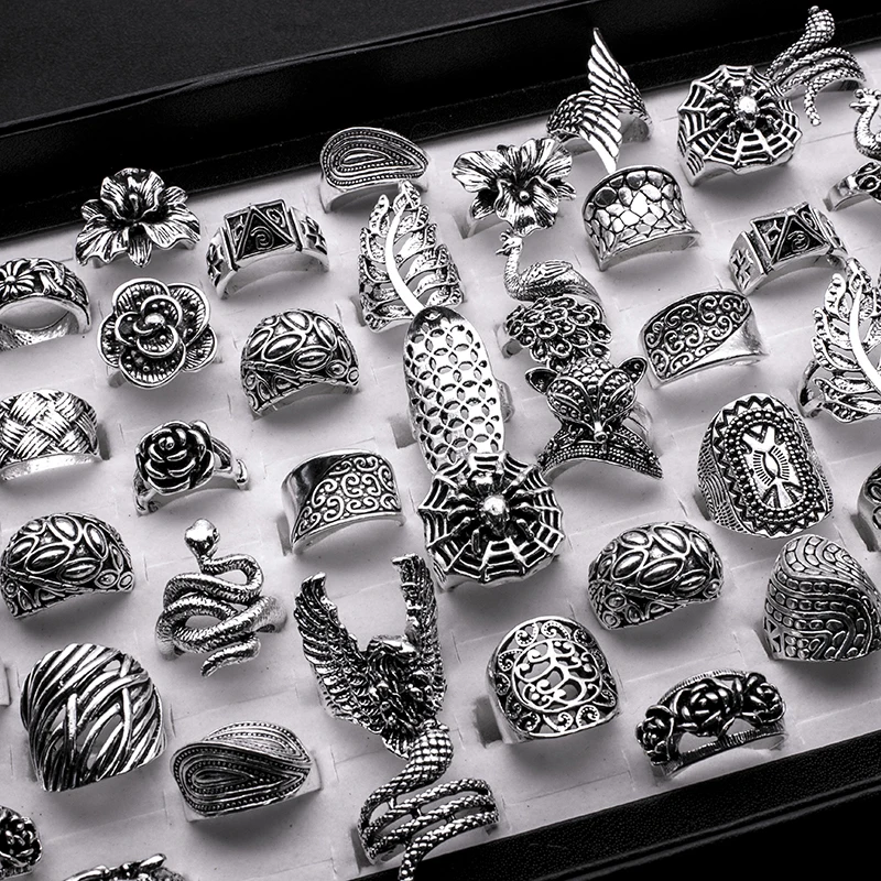 

20 Pieces Mix Women Vintage Ring Wholesale Antique Silver Plated Boho Gothic Leaf Flower Statement Rings Men Jewelry