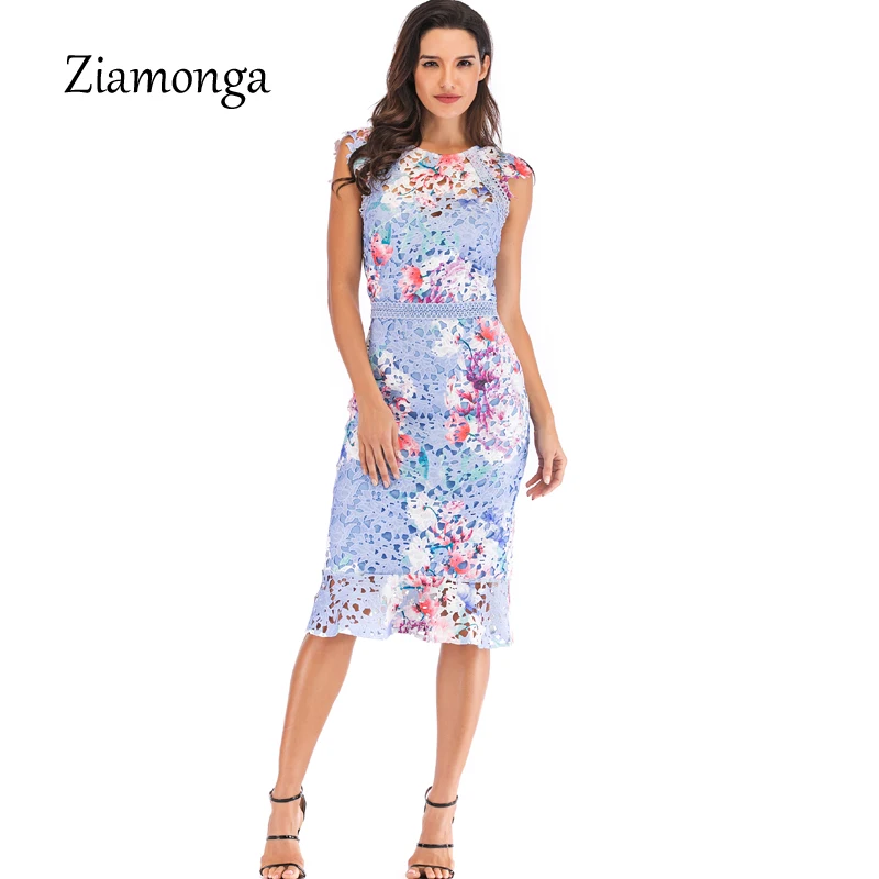 Ziamonga Autumn Women Fashion Mermaid Dress European Style Slim Sleeveless Printed Lace Party Elegant Sexy Bandage | Женская одежда
