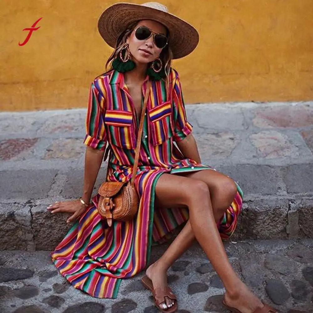 Women Half Sleeve Striped Multicolor Loose Button Bohe Beach Long Robe Dress slim soft touch dress summer new arrival 2019 | Женская