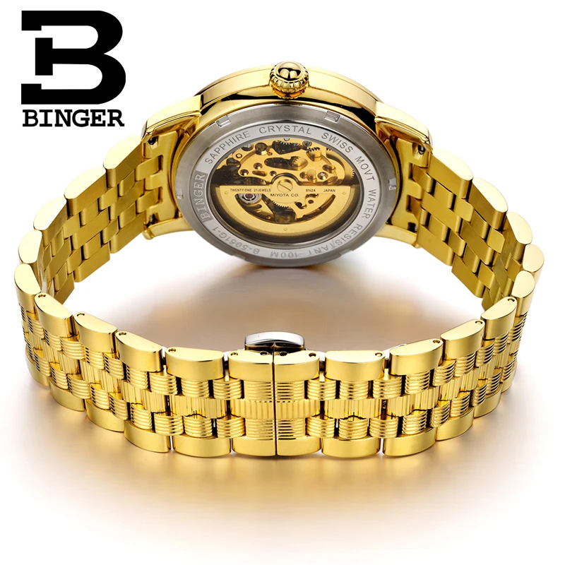 Автоматические механические часы BINGER роскошные для пар с золотым покрытием 18 К