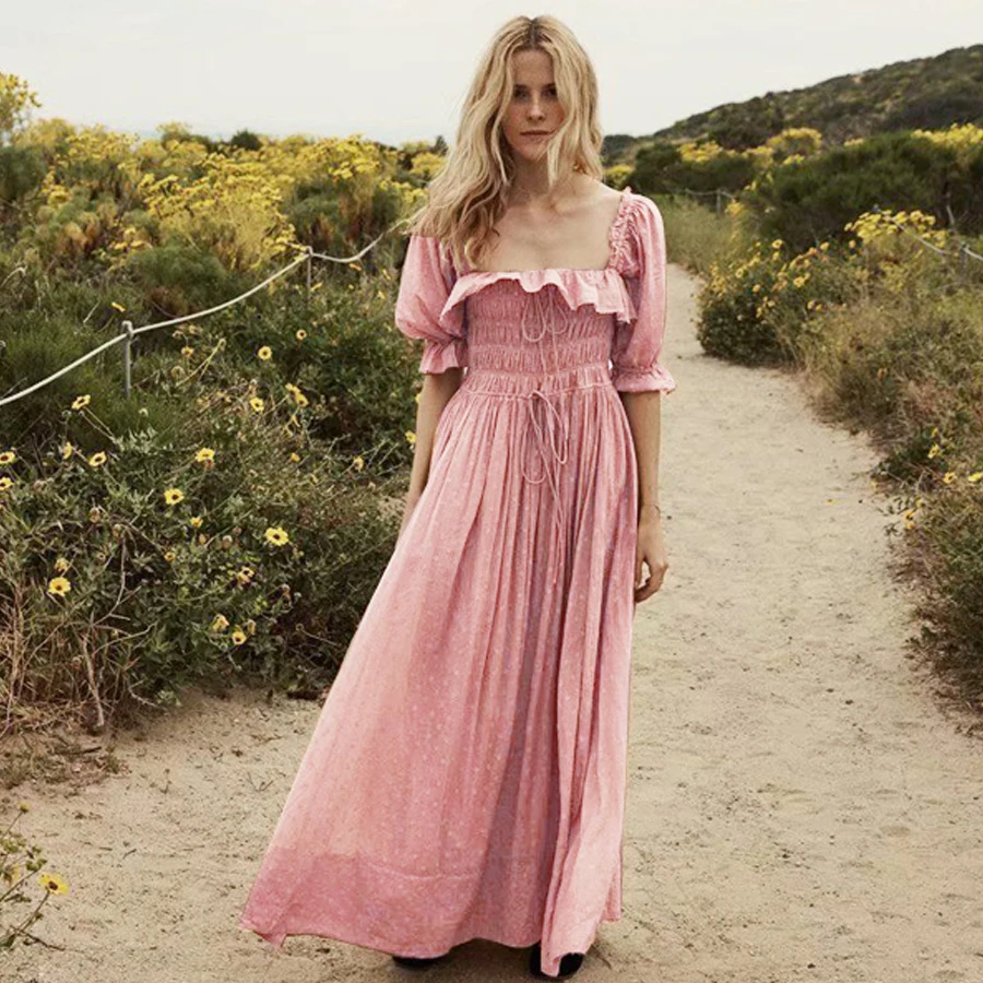 TEELYNN puff sleeve boho dresses 2019 vintage pink cotton long Dot jacquard fabric Hippie women chic Vestido | Женская одежда