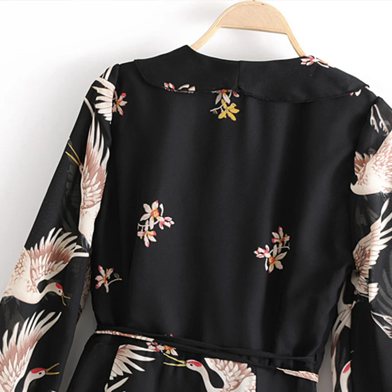 ЛИВА девушка Для женщин цветок кран Print Maxi Wrap Dress Длинные рукава Винтаж Птица узор