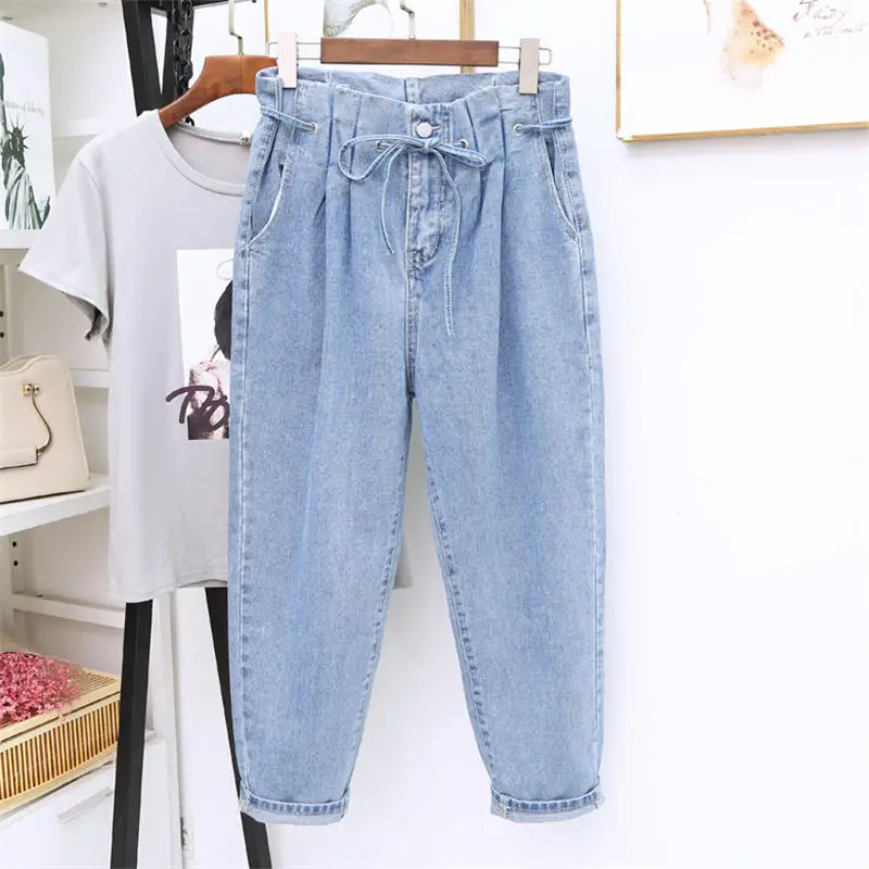 Light blue Джинсы с высокой талией, женские свободные винтажные женские джинсы из денима, штаны-шаровары, Повседневная Уличная одежда, на шнуровке, плюс размер, 5XL, джинсы для мам, Mujer Q1457 - Цвет: Light blue
