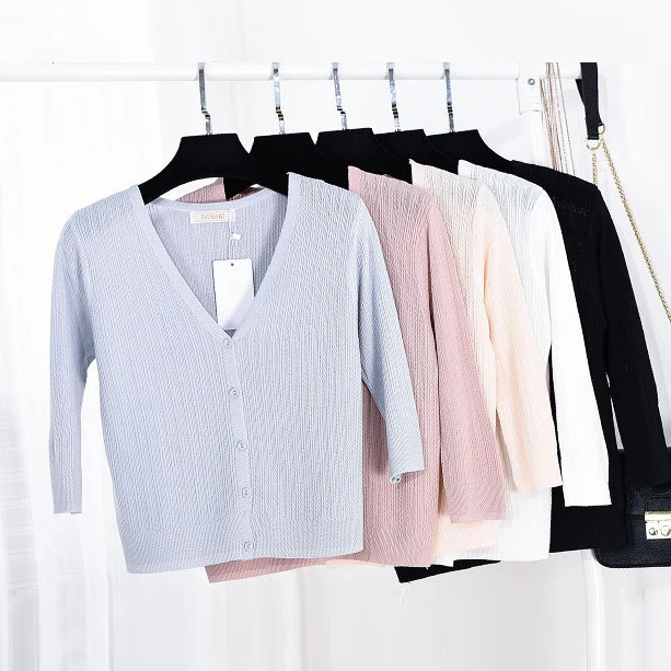 Queechalle Summer gray white black pink apricot women knitted cardigans female v neck half sleeve casual thin short coat ladies |