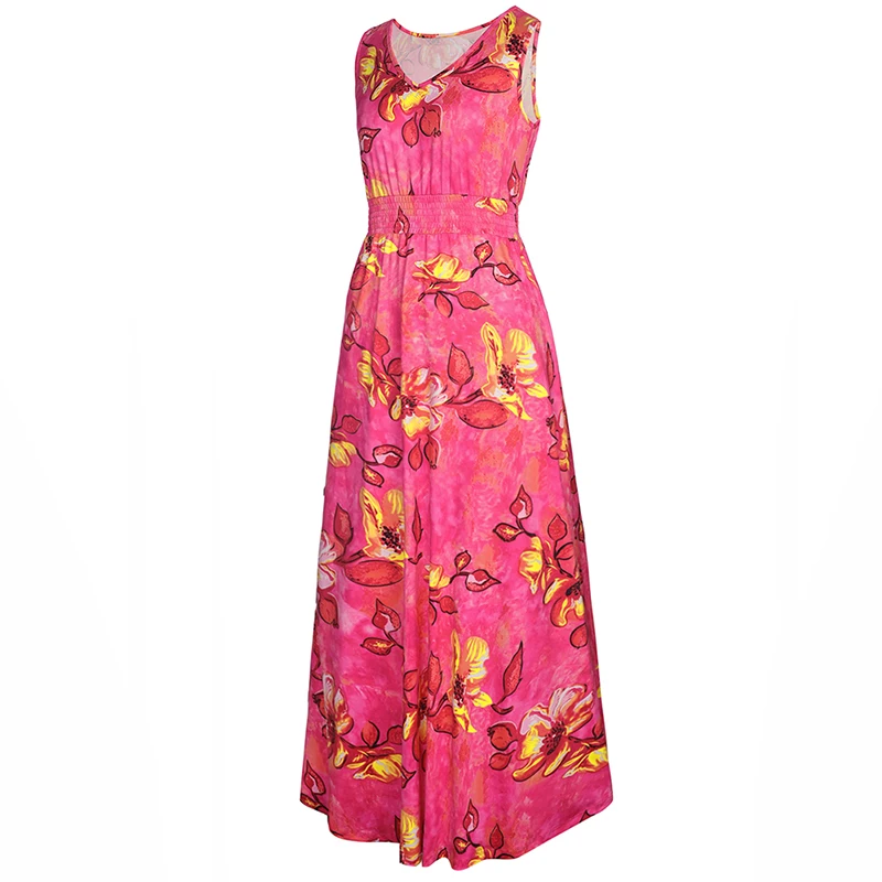 Новое платье 2017 года лето Печать безрукавное платье с глубоким V-образным вырезом на пляж, свободное до пола красное платье для женщин Fc073