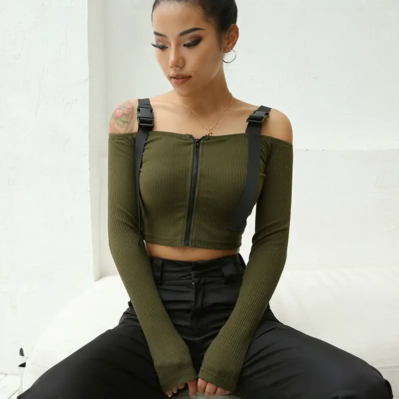 Женский короткий топ на молнии с длинным рукавом облегающий трикотажный в стиле