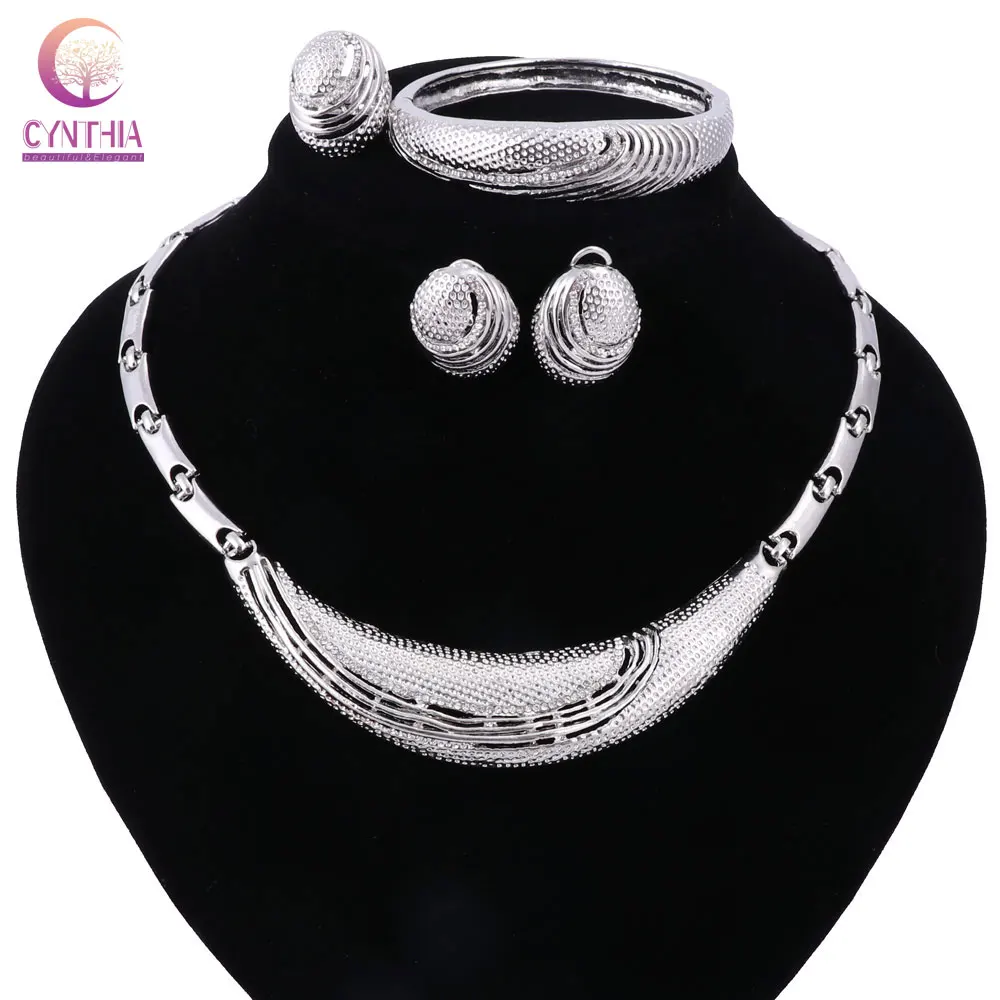 

Women silver plated round jewelry sets with Bracelet earrings statement necklace for wedding boho necklace Direct Selling