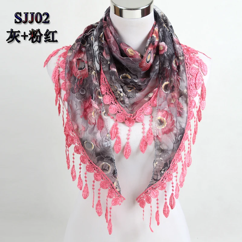 Gray pink Женский модный треугольный шарф, кружевной цветочный летний пляжный шарф с кисточками, шифоновый шелковый шарф, Пашмина, палантин, хиджаб SJJ02 - Цвет: Gray pink