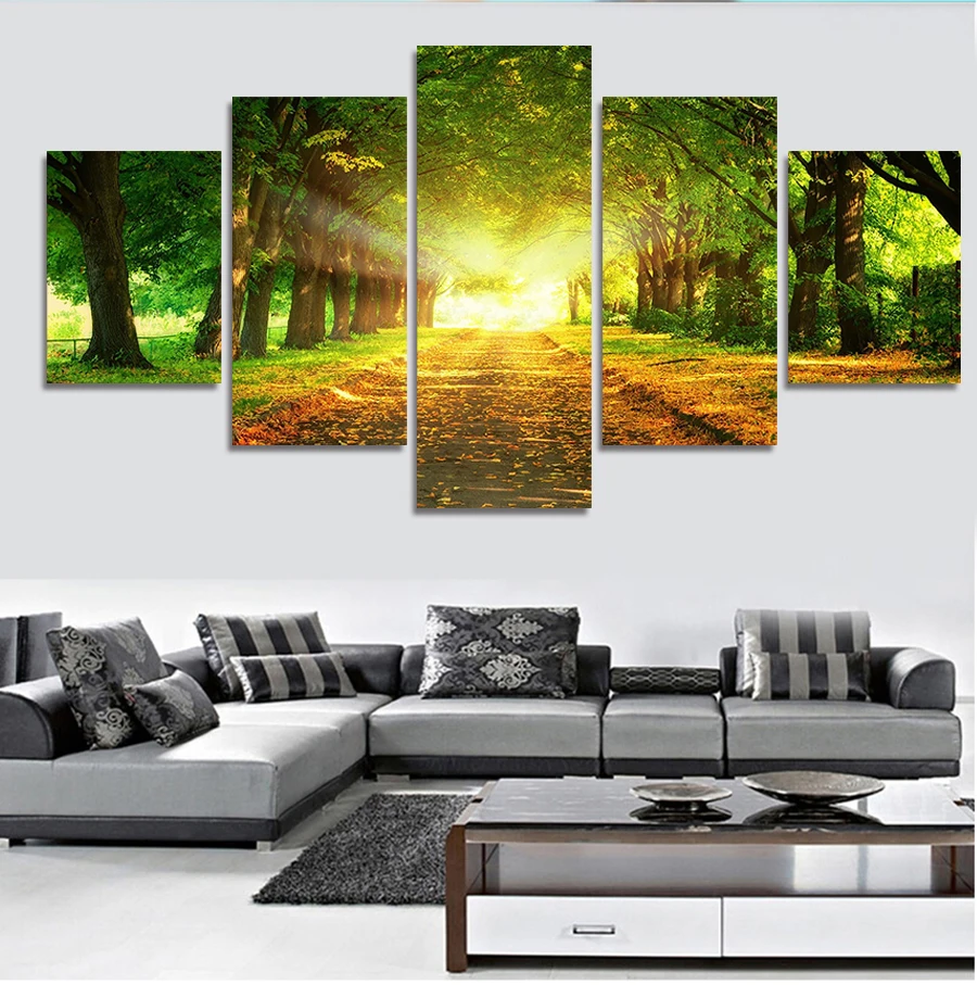5 Panel Modern Printed Trees Sunshine Painting Picture On Canvas Art Home Decor Cuadros Landscape For Living Room(No Frame) | Дом и сад