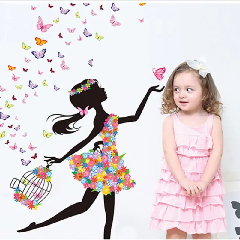 Изящные бабочки &amp Цветочная фея Танцы девушка Наклейки на стену стене Домашний
