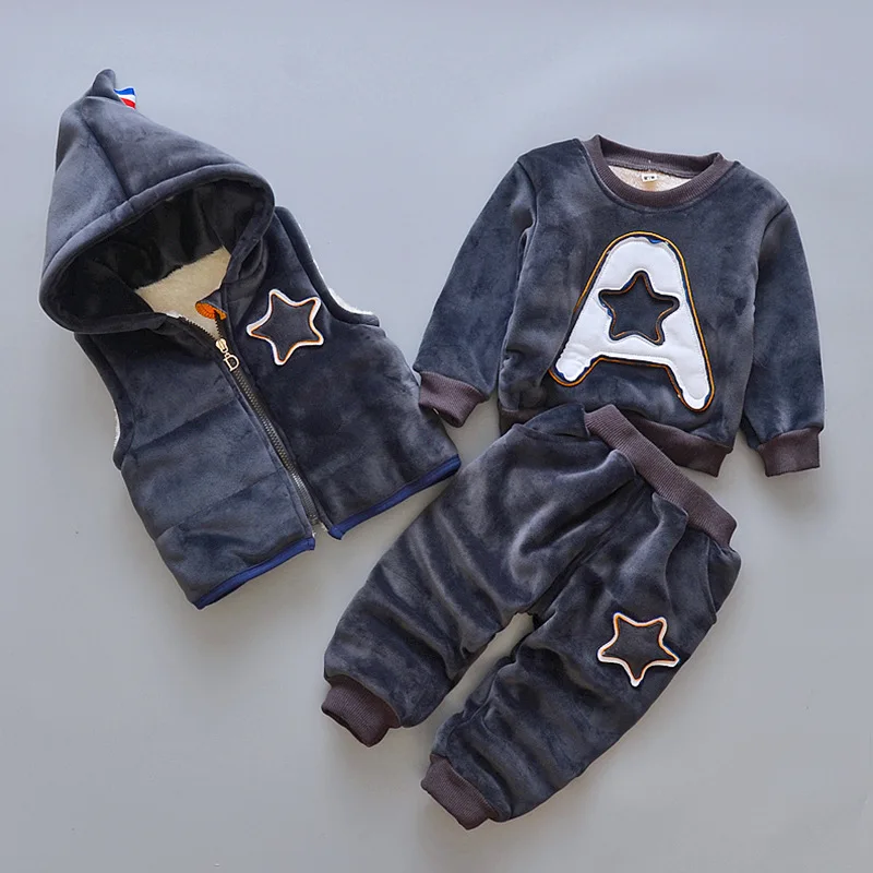 Winter Children Clothing Set Stars Kids Boys Long Sleeve Fleece Shirt +vest + Full Pants 3PCS Suit Warm Baby Girls | Детская одежда и