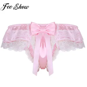 Feeshow мужское блестящее нижнее белье из мягкого атласа Двухслойное цветочное кружевное нижнее белье с бантом на спине низкая посадка Бикини стринги Нижнее белье Мужские трусы