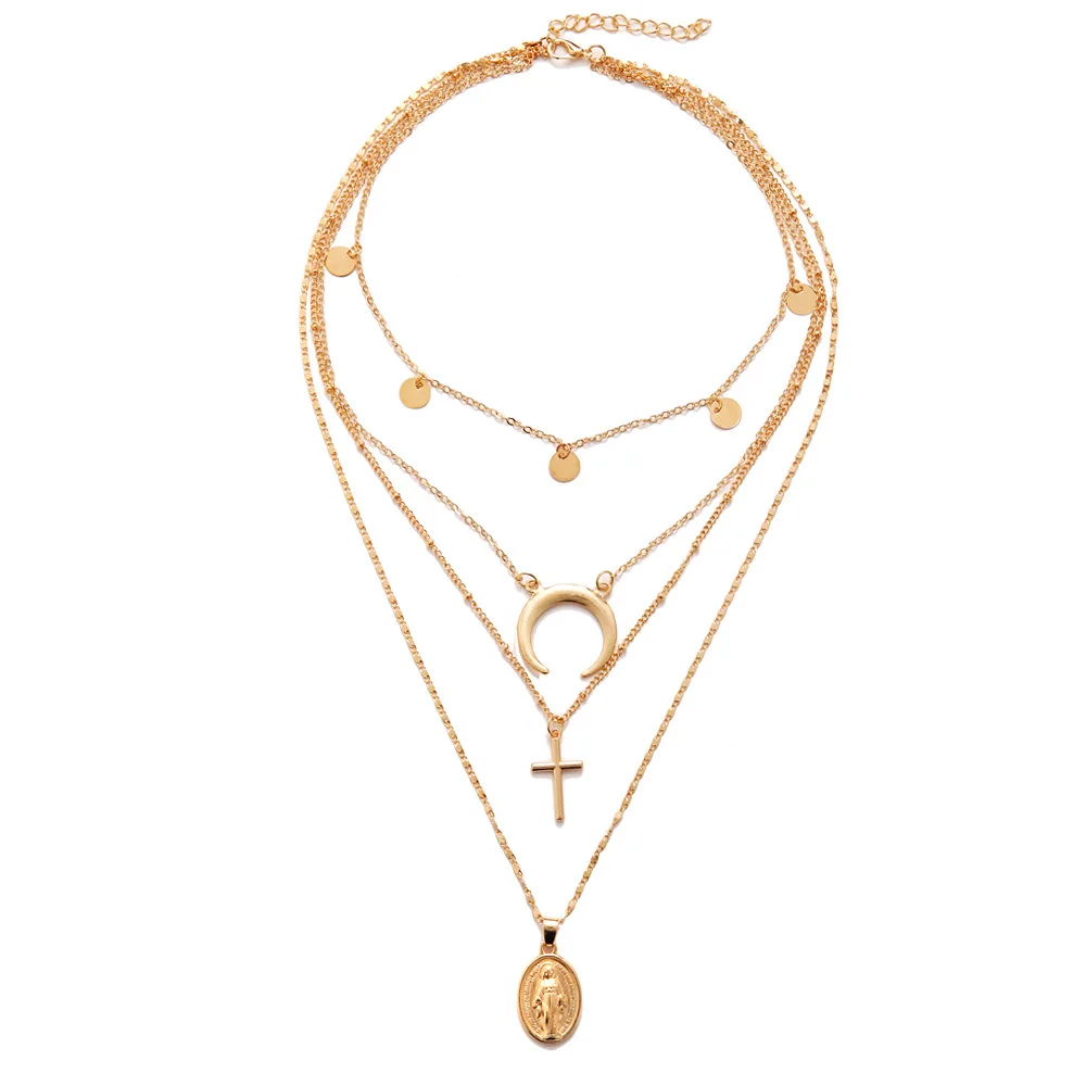 Jesus Cross Necklace Crescent Disc Metal Hanging Multi-storey Retro Wholesale | Украшения и аксессуары