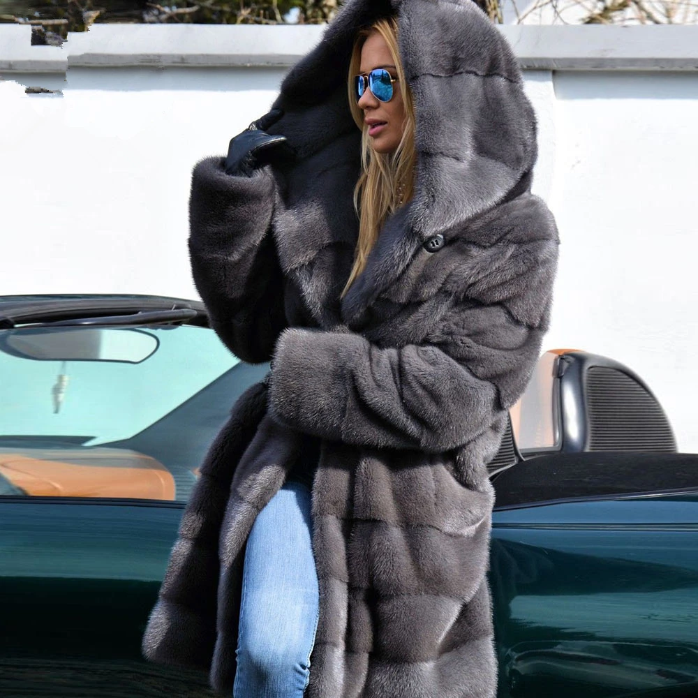 TOPFUR Fashion Dark Gray Coat With Fur Hood Real Fur Coat Women Winter Natural Mink Fur Coat Medium Long Standard Clothing