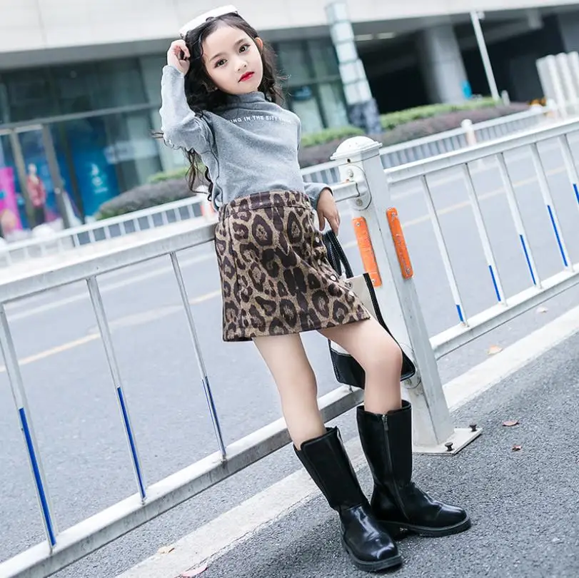 Leopard Print Kids Girls winter plus velvet skirts for children girls thick skirt teens 3-14Y princess mini fashion ws298 | Детская