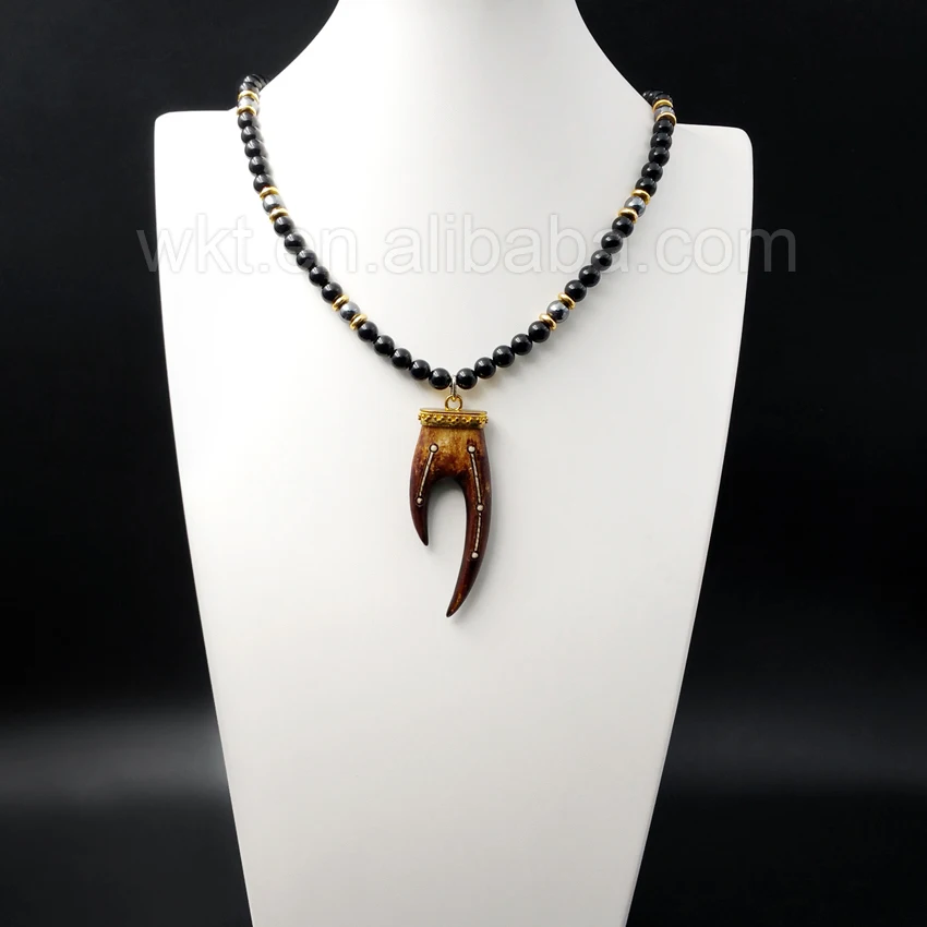 WT N845 оптовая продажа высокое качество ожерелье с длинным Рогом черный камень