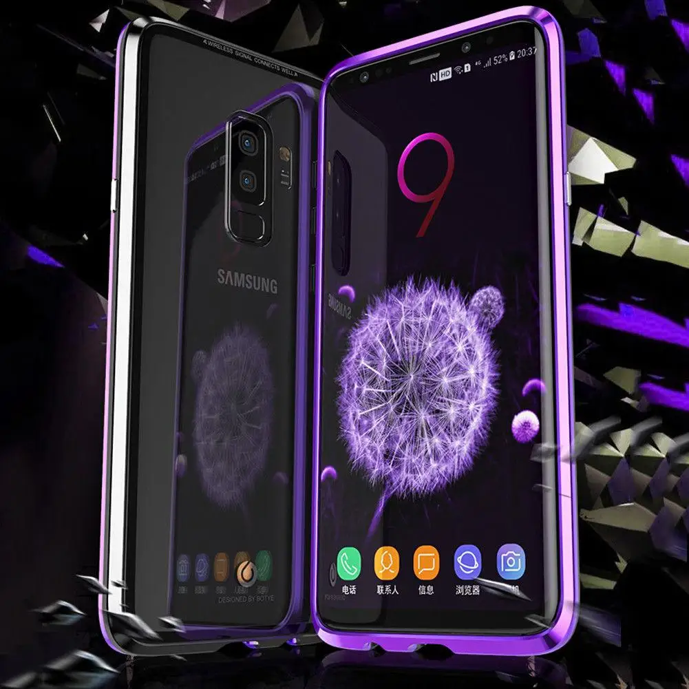 For Samsung Galaxy S8 S9 Plus Magnetic Absorption Temper Glass Back Metal Bumper Frame Case Cover |