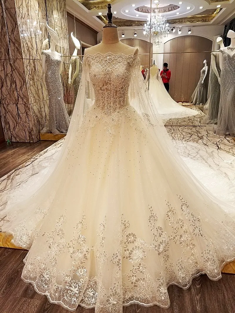 LS97843 свадебное платье с рукавамииллюзия шеи кружева кристалл свадебные платья с длинным плащ шарик платье корсет назад слоновая кость и шампанское реальные фотографии