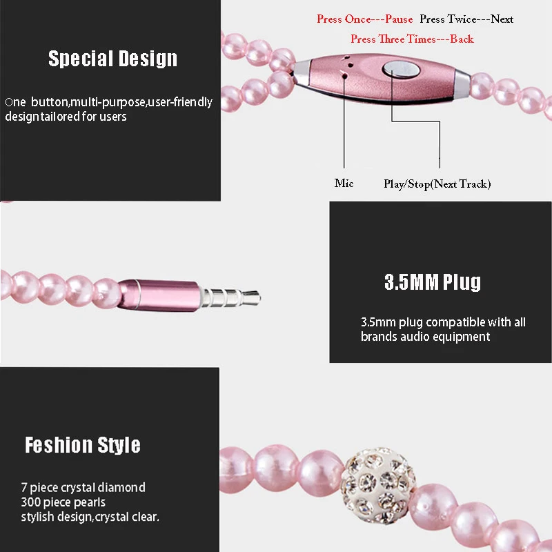 Sovawin Women Earphones Luxurious Headphone Bling Pearl Necklace Earbuds for Girls Girlfriend MP3 Mp4 Mobile Earphone | Электроника