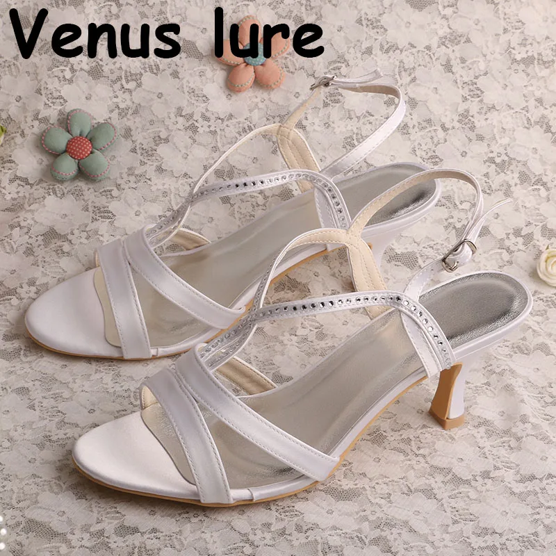 

Customized Women Shoes White Sandals Medium Heel with Crystals
