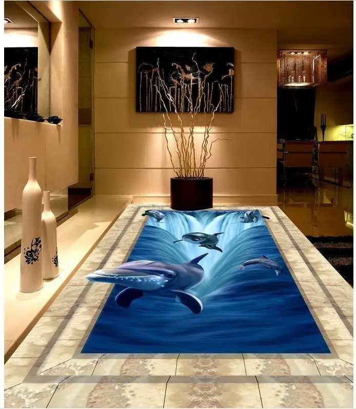 Современная Настенная 3d наклейка на пол под заказ мраморный дельфин водопад
