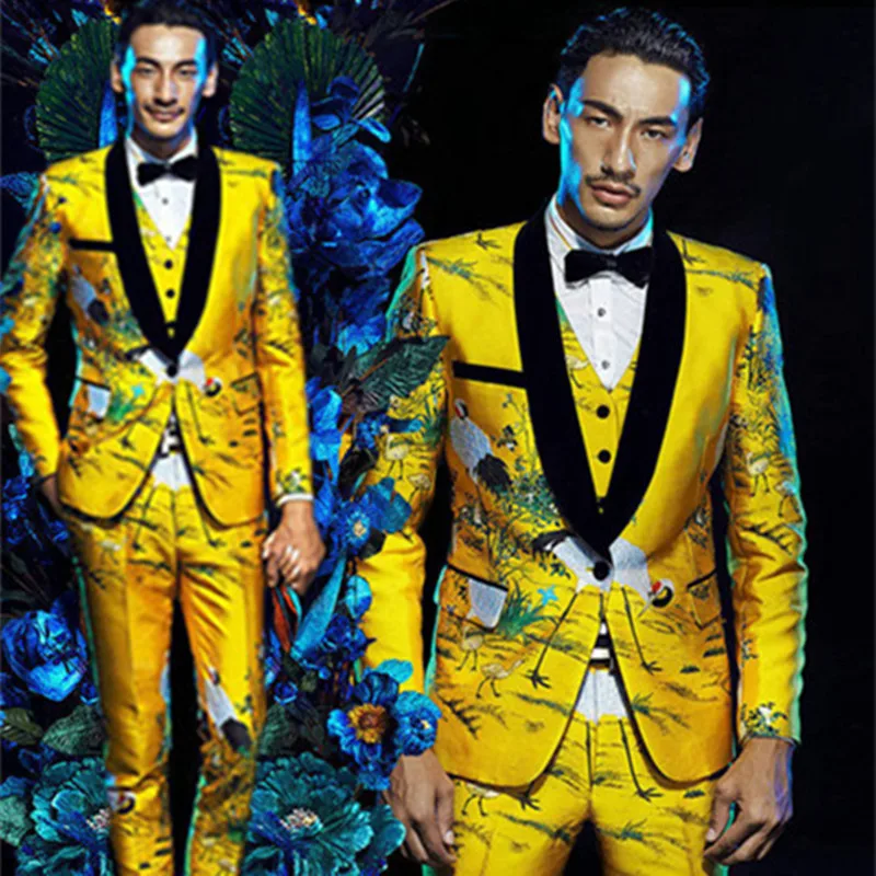 Модный бренд мужские костюмы блейзеры с золотыми цветами приталенный пиджак